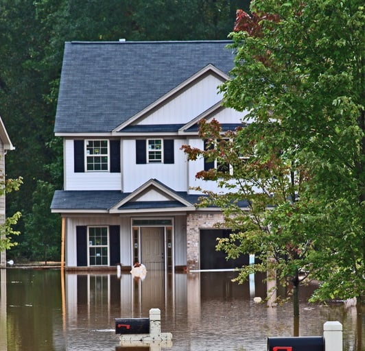 Flooded nice new construction home  showing mailboxes and trees
