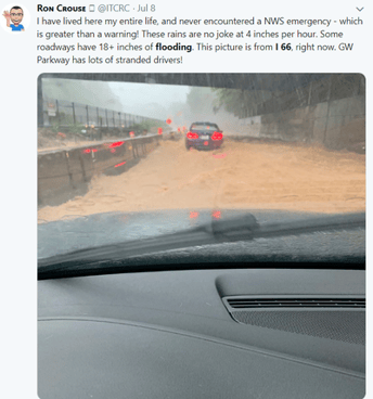 Twitter flood post with image showing major flash flooding of I-66 NOVA-1