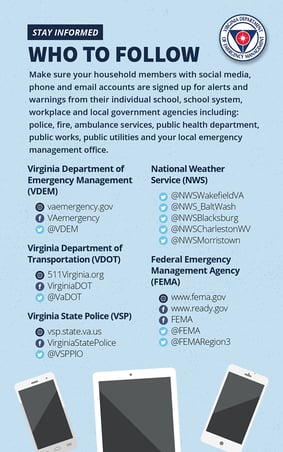 VDEM infographic on who to follow on social media during emergency