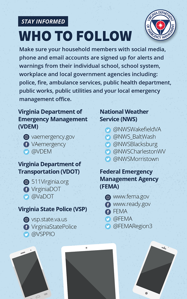 VDEM infographic on who to follow on social media during emergency
