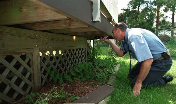 professional deck inspector looking under a home deck-1